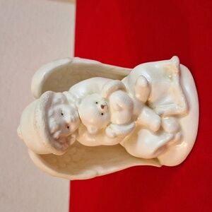 Vintage Russ Berrie White Porcelain  Cherub Baby Angel Holding a Bear4.5"x 3.5"